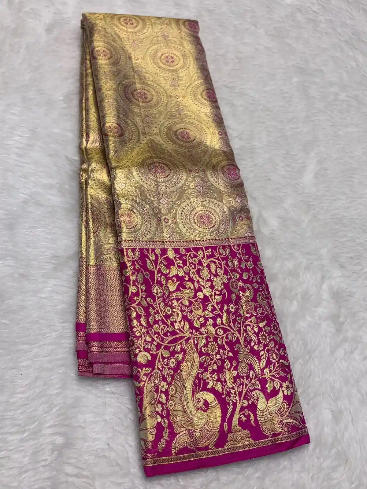 Peach Maroon Kanchipuram Handloom Bridal Silk Saree